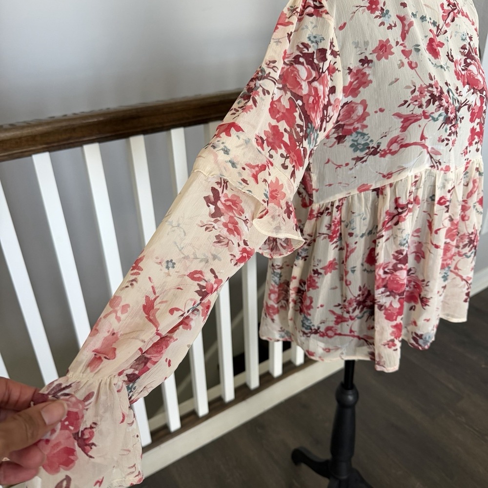 Sundance Catalog Floral Baby Doll Ruffle Blouse Top Small Sheer Coquette Cottage - Picture 3 of 9